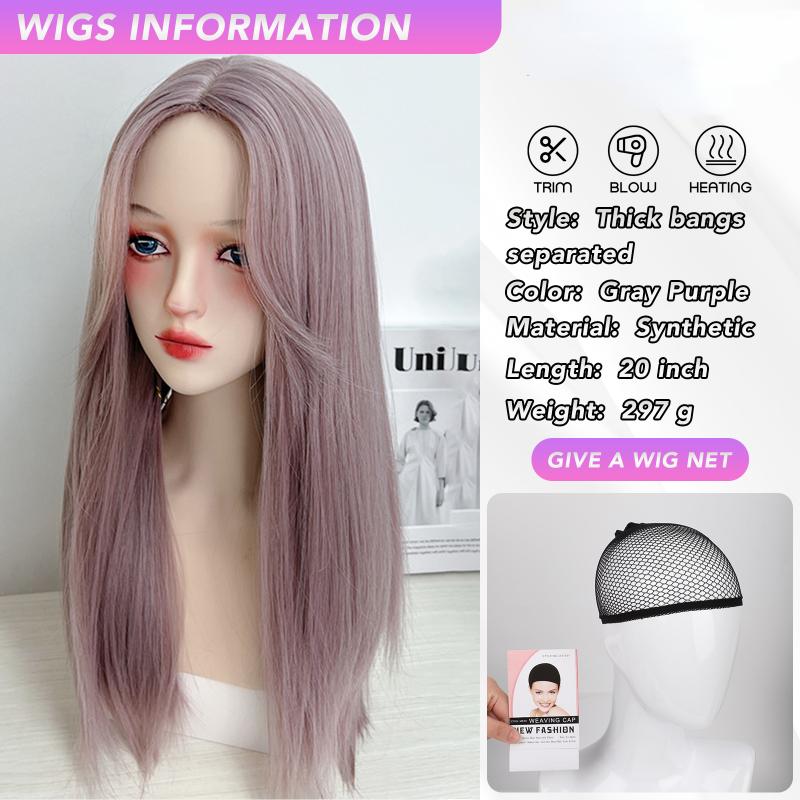 Прямой парик Серый фиолетовый с воздушной челкой 20-дюймовые синтетические парики из волокна Термостойкие натуральные для вечеринок или селфи для женщин Ежедневное использование Корейская мода