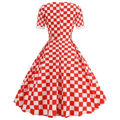 Z Источник Ретро юбка темперамент куриное сердце воротник короткий рукав клетчатый принт большой маятник платье