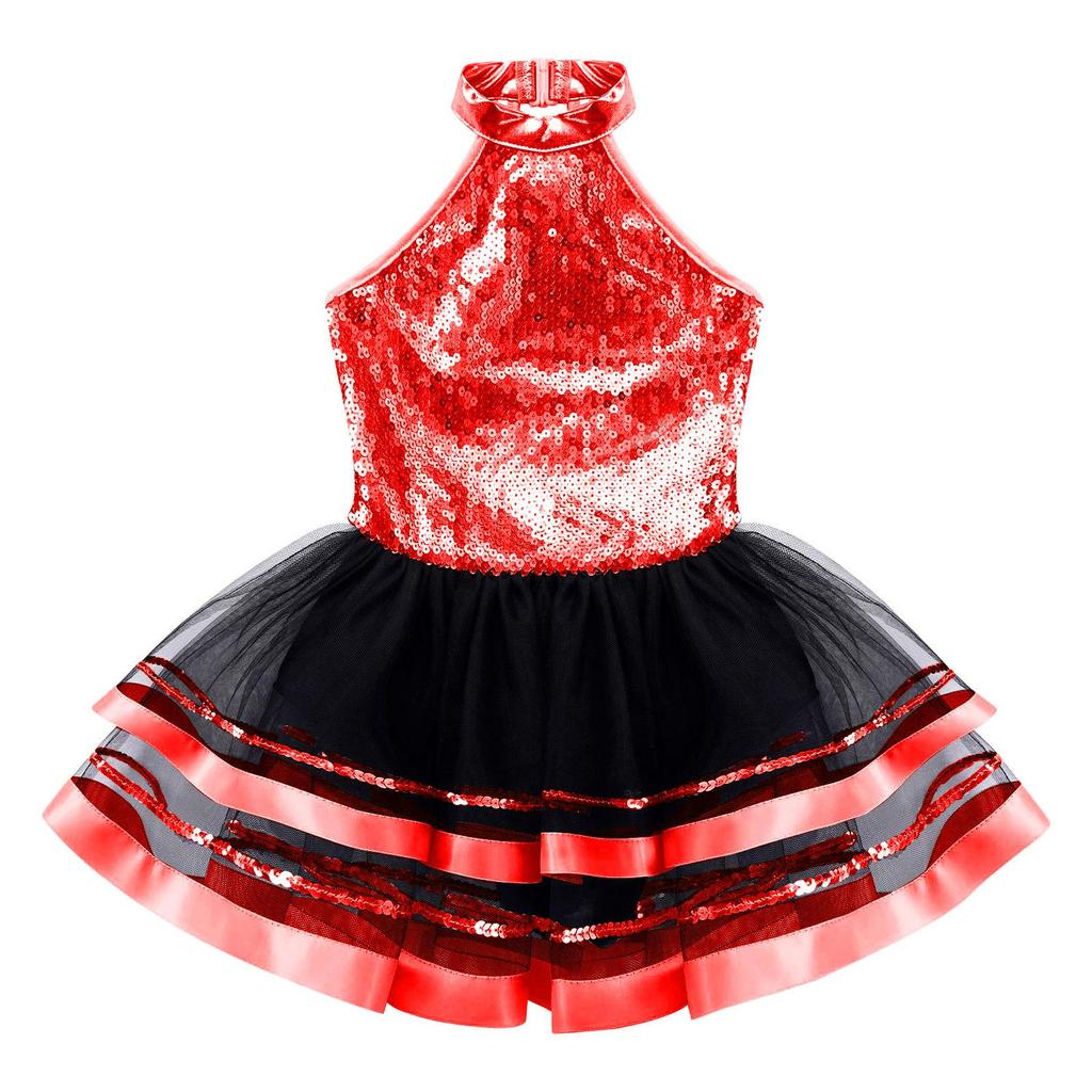 Kids Girls Sequins Halter Ballet Dance Tutu Dress Gymnastics Modern Latin Jazz Dancing Costume