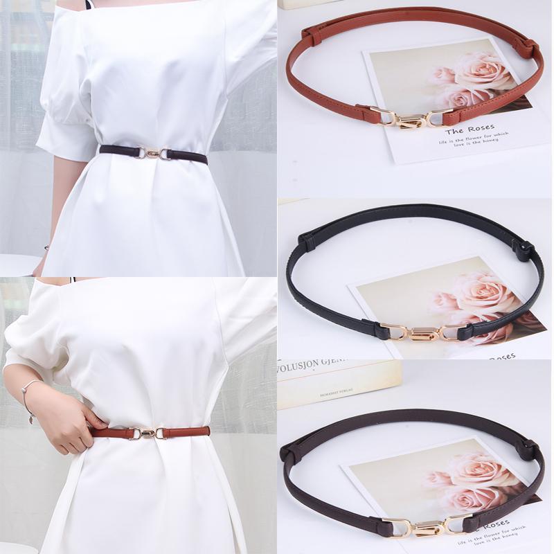 Retro Thin Adjustable Women PU Leather Belt Wild Black Ladies Female Skinny Dress Waist Belts Straps Gold Metal Buckle Wasitband