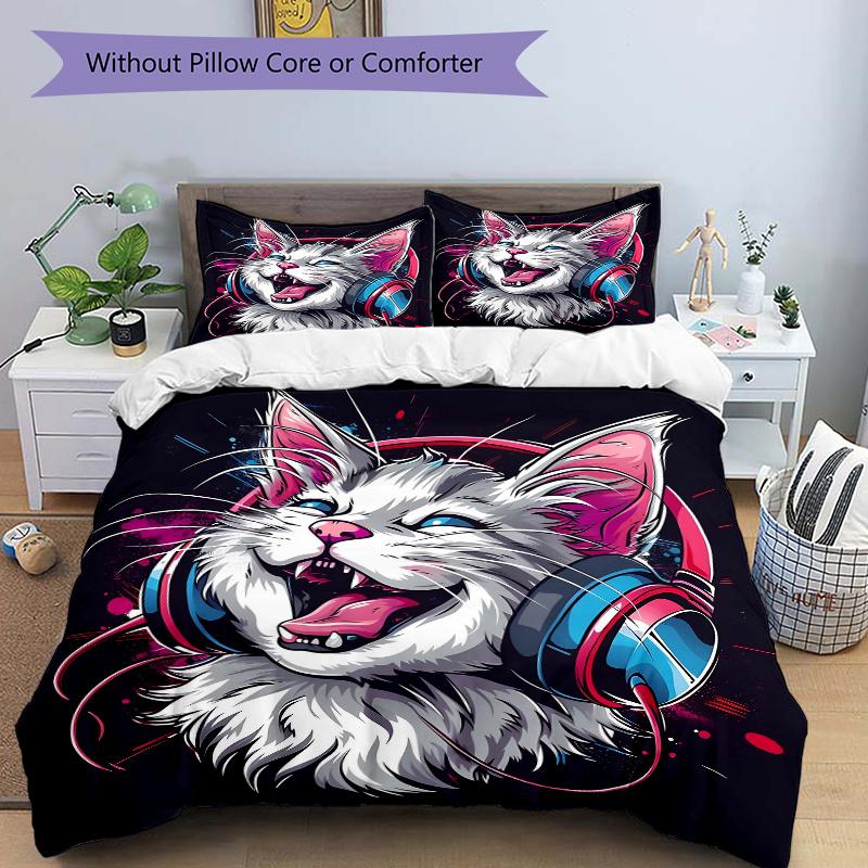 3pcs Cool Cat Headphones Bedding Set - 1 Soft Quilt Cover + 2 Pillowcases, Machine Washable - Suitable for All Seasons, Perfect Gift for Fam