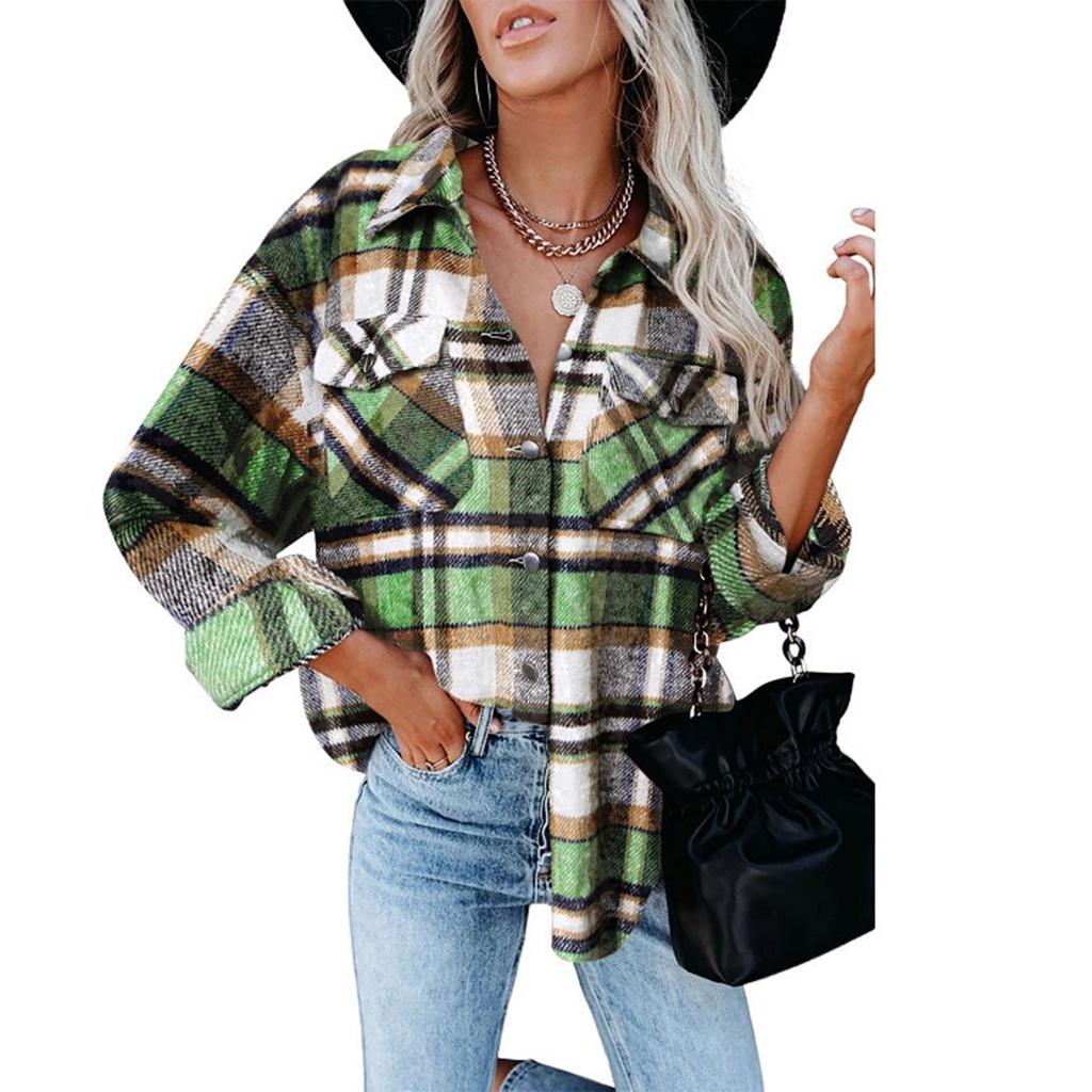Женские клетчатые рубашки с начесом, фланелевая куртка с длинными рукавами и лацканами на пуговицах и карманами, фланелевая куртка, пальто