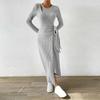 2024 Autumn/Winter Gray Knitted Irregular Long Dress for Women - European & American Fashion