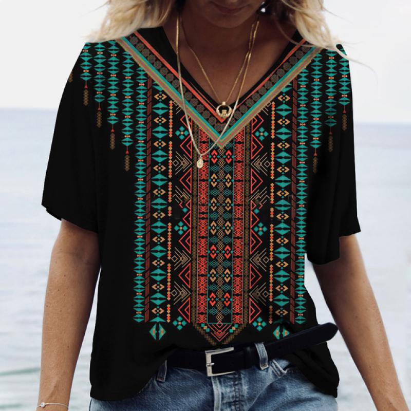 Летние женские футболки, этнический костюм, 3d рубашки, футболки, повседневная уличная одежда в стиле Харадзюку, большие топы с v-образным вырезом, винтажная женская одежда