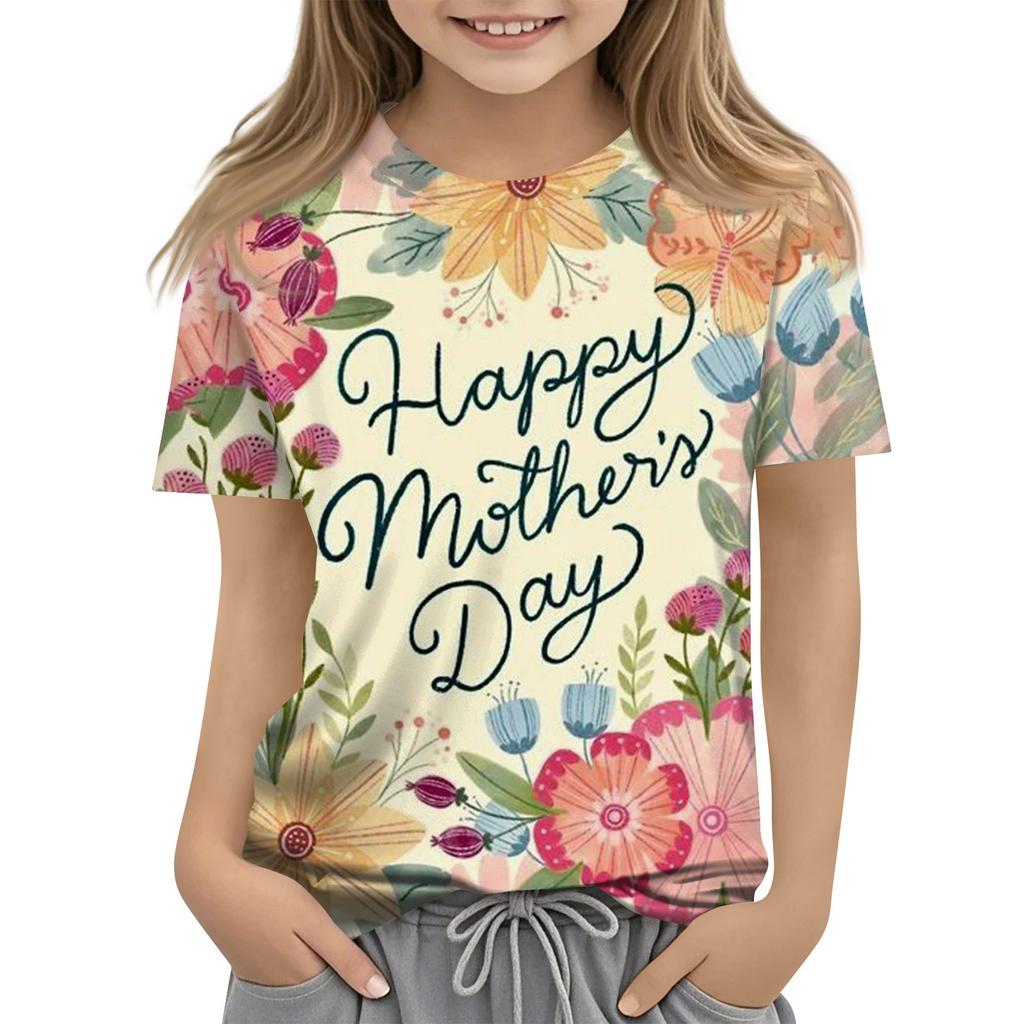 Children's Fashion Casual Short Sleeve Mother's Day Printed Round Neck T-Shirt Top