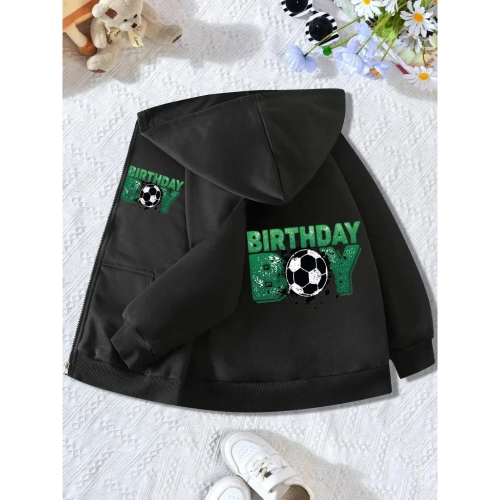 Kids Light Pink Full Zip Hooded Coat Birthday Boy Football Graphic Soft Long Sleeve Outerwear For Birthday Party