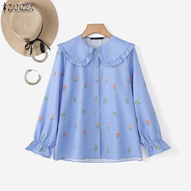 ZANZEA Женская повседневная блузка с кукольным воротником, свободного кроя, с длинным рукавом, с цветочным принтом