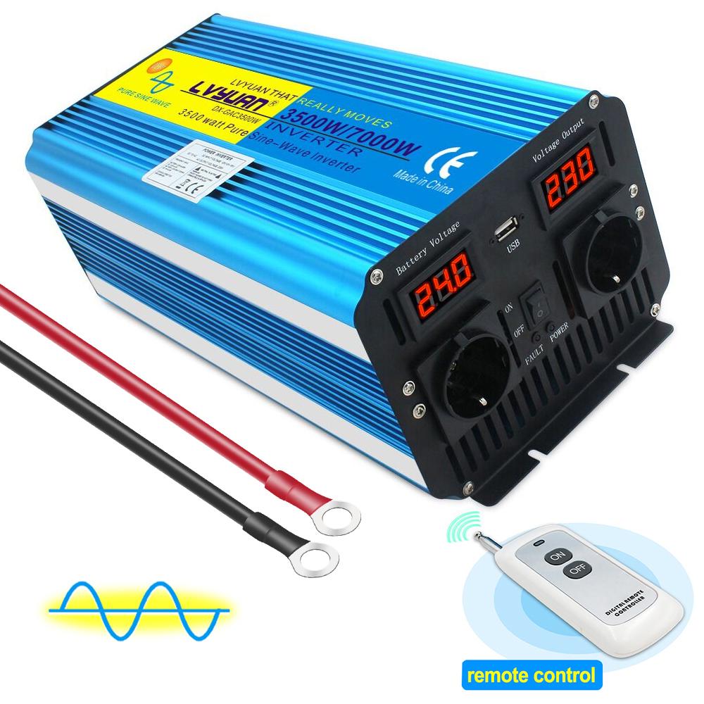 Инвертор чистой синусоиды, беспроводной пульт дистанционного управления, 12 В/24 В постоянного тока в 220 В переменного тока, 3500 Вт/7000 Вт, преобразователь напряжения с двойной розеткой переменного тока, 220 В, инвертор для кемпинга
