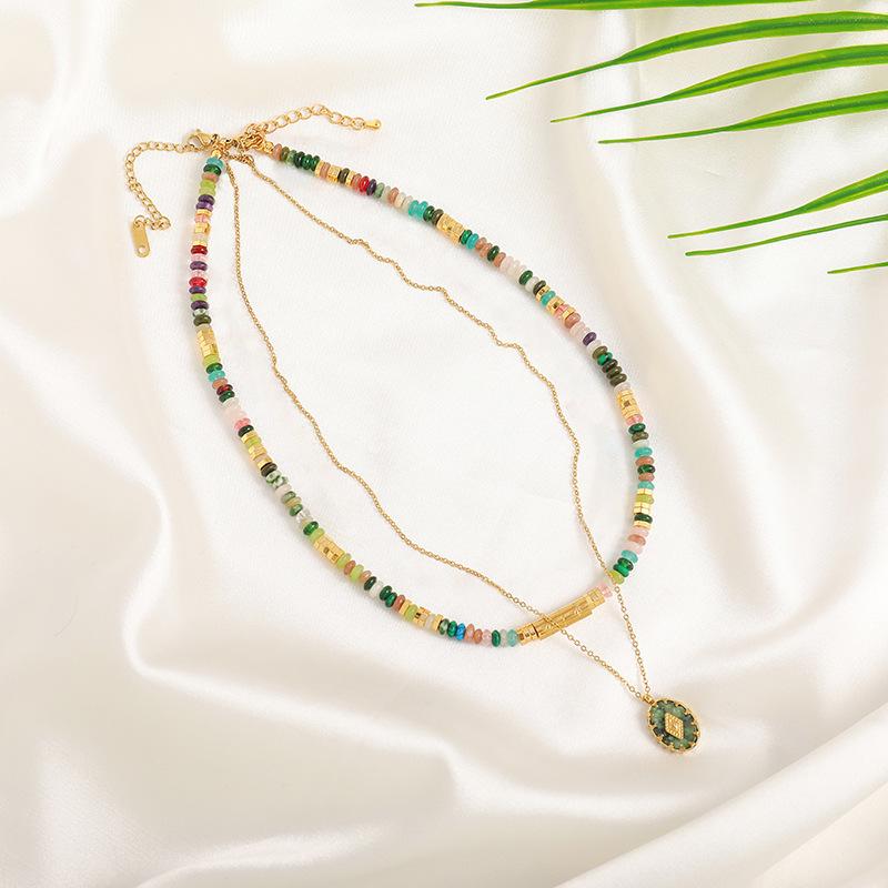 GEMCHIC Women's Colorful Natural Stone Beaded Layered Necklace Stainless Steel Geometric Pendant Choker