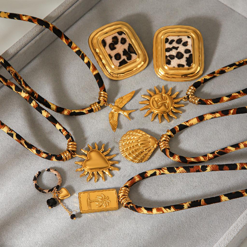 Retro leopard print woven rope necklace, niche high-end bracelet, fashionable versatile titanium steel earrings