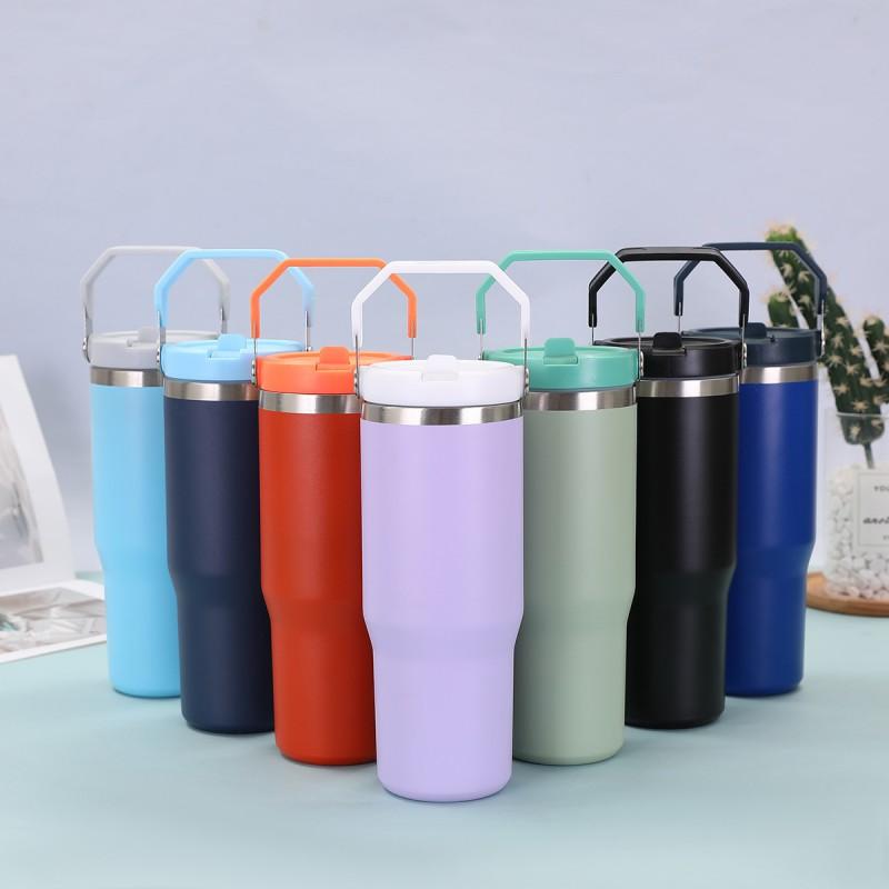 30 Oz Stainless Steel Travel Tumbler With Handle Straw Lid Car Outdoor Use Insulated Water Bottle