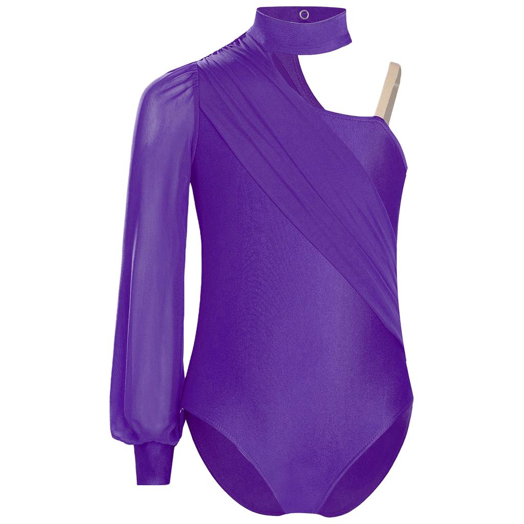Girls One Shoulder Dance Leotard Stage Performance Costume Mock Neck Long Sleeve Ruched Mesh Overlay Bodysuit for Kids Gymnastics