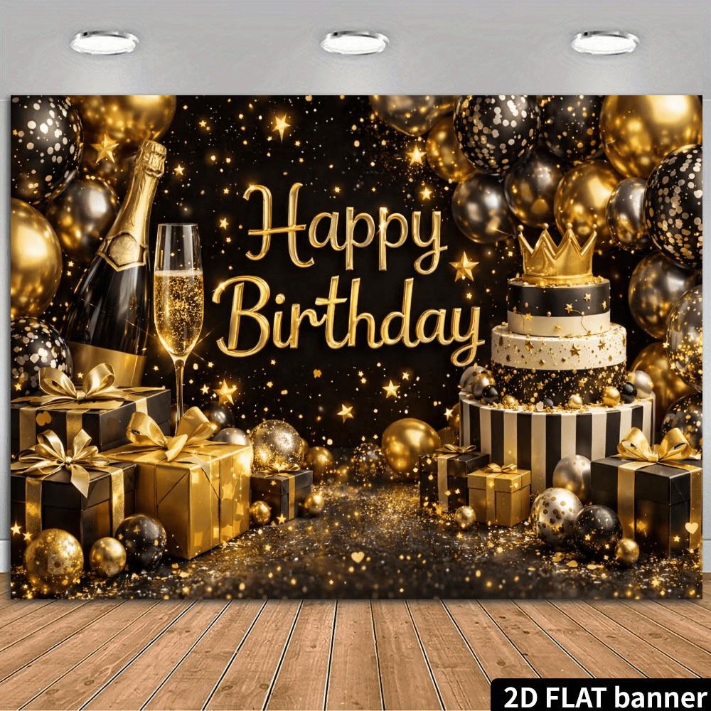 2D plane birthday party banner background fabric - black and gold balloons and gift boxes themezyc