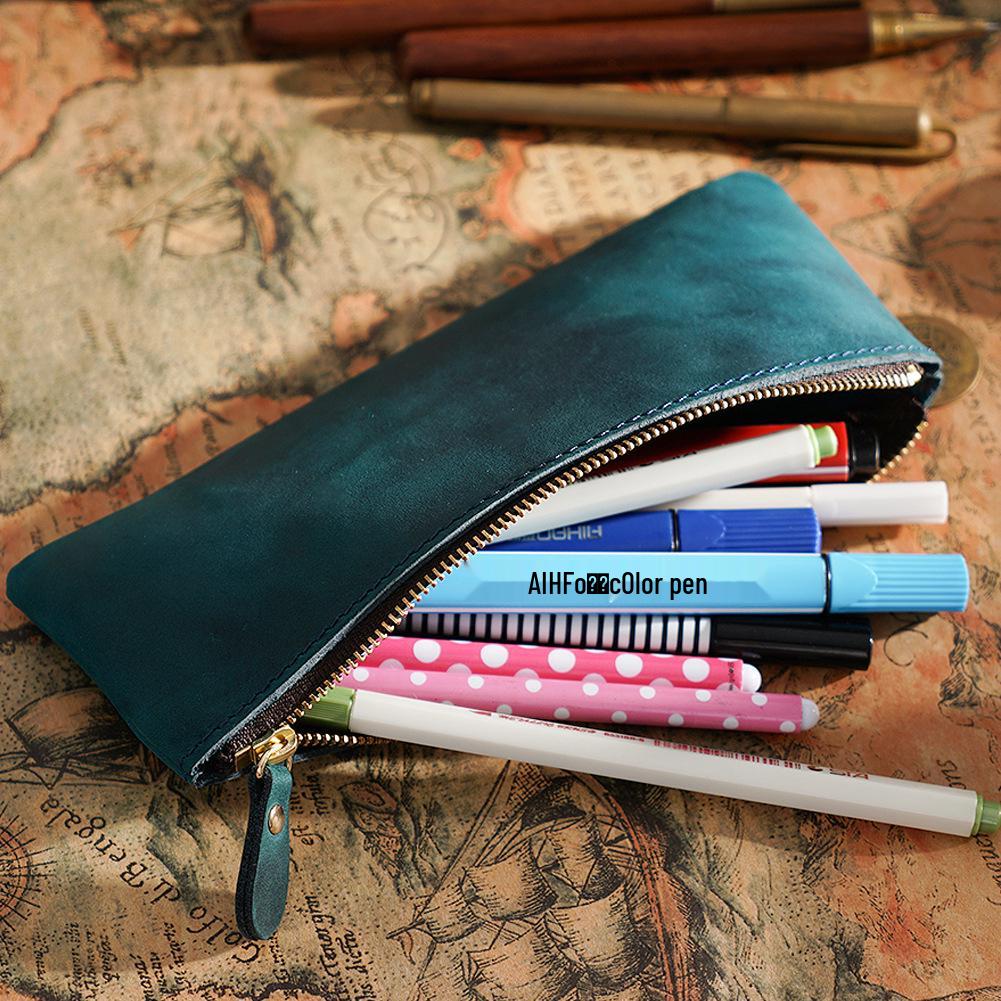 Unisex Genuine Leather Zipper Pencil Case - Handmade Retro Cowhide Stationery Box