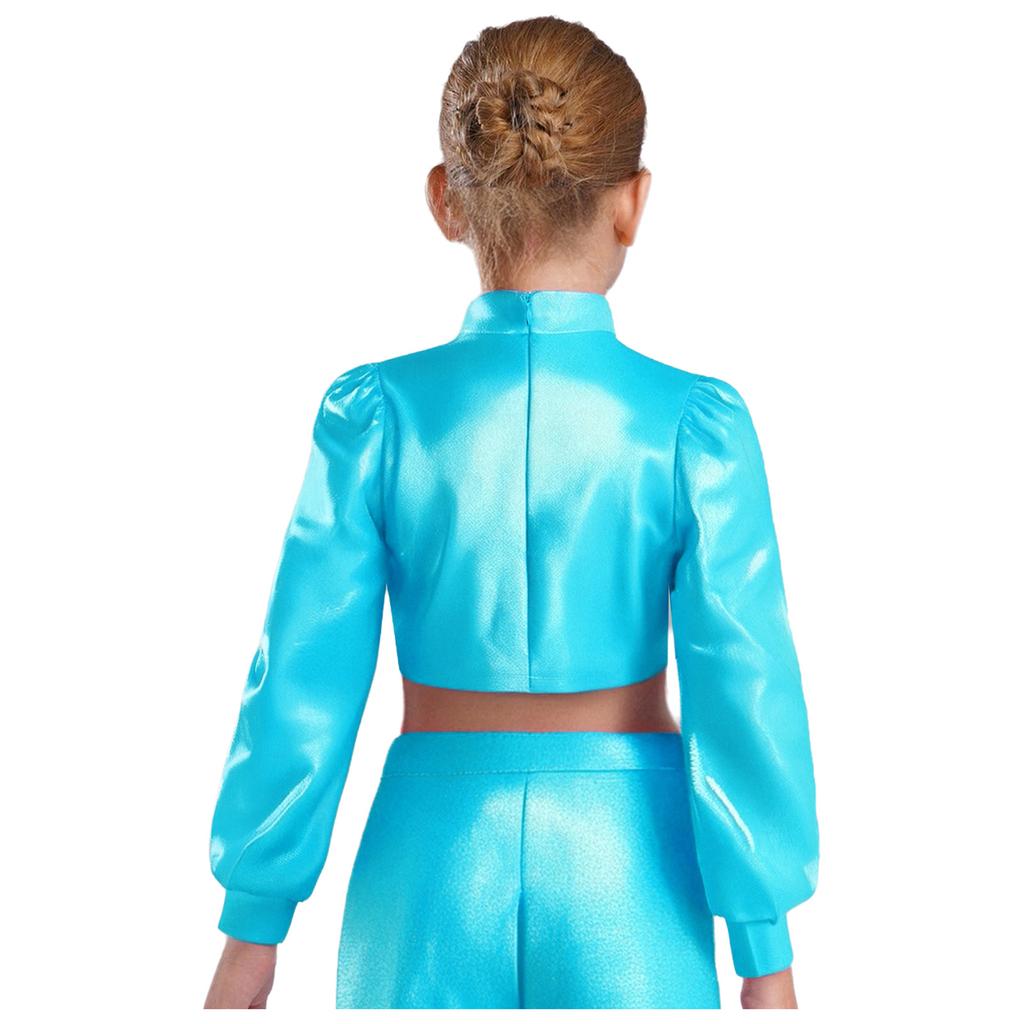 Girls Jazz Dance Top Mock Neck Long Sleeves with Invisible Zipper Back Shiny Rhinestones Metallic Dancewear