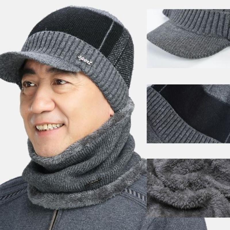 Мужская шерстяная шапка и нагрудник, зимняя защита ушей, утолщенная, плюс флисовая вязаная шапка с карнизом, теплая шапка для мужчин среднего и пожилого возраста