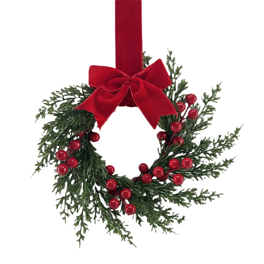 10 Inch Mini Christmas Wreaths Kitchen Cabinet Small Xmas Wreath with Bow Ribbon for Window Door Chair Fireplace Hanging Decor