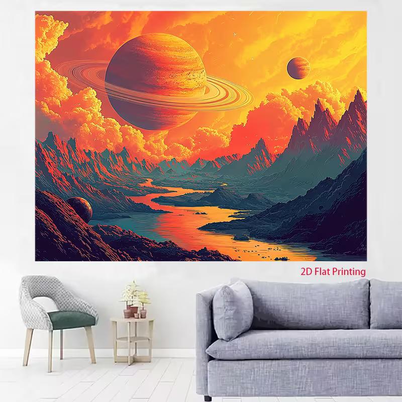 2D Sci-Fi Landscape Backdrop Mountain River with Planets and Dramatic Clouds Party Photo Background
