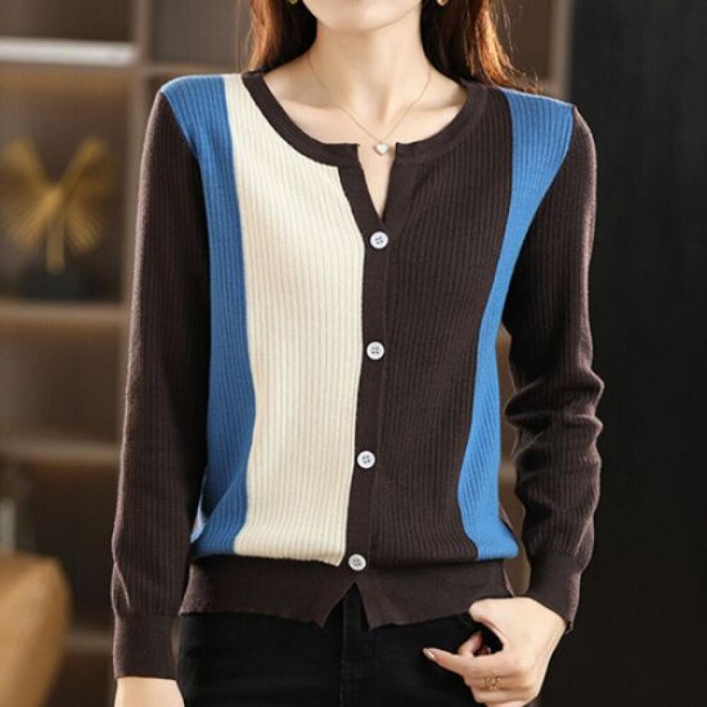 Navava Nk2287 Colorblock Round Neck Long Sleeve Knit Cardigan