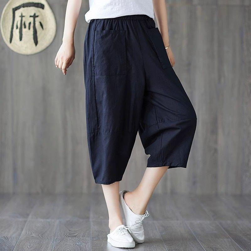 Укороченные брюки из искусственного хлопка и льна Ice Silk, тонкие и универсальные, повседневные шаровары, женские брюки больших размеров, летние, свободные, тонкие, эластичные