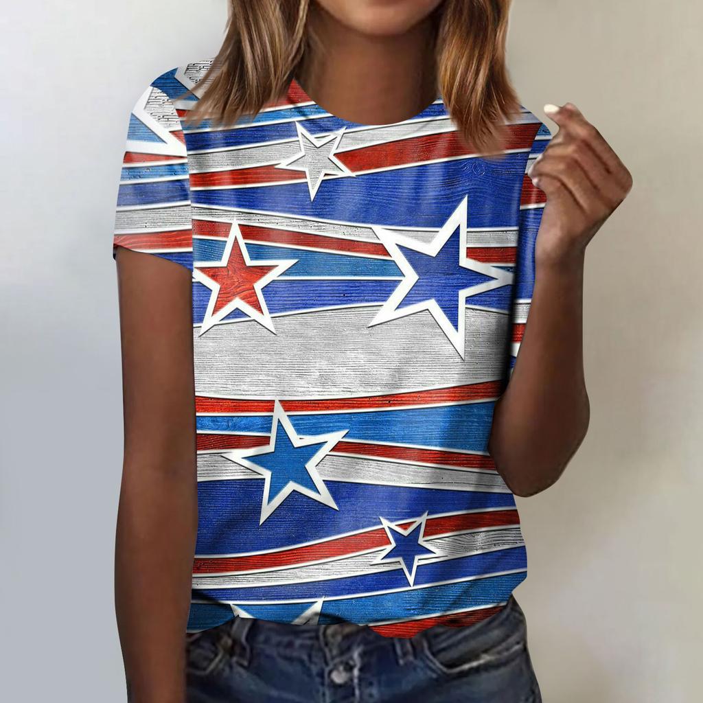Women's Fashion Casual Independence Day Printed Round Neck Short Sleeve T-Shirt Top