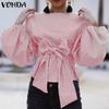VONDA Женские винтажные рубашки с открытыми плечами и длинным рукавом в полоску с галстуком-фонариком
