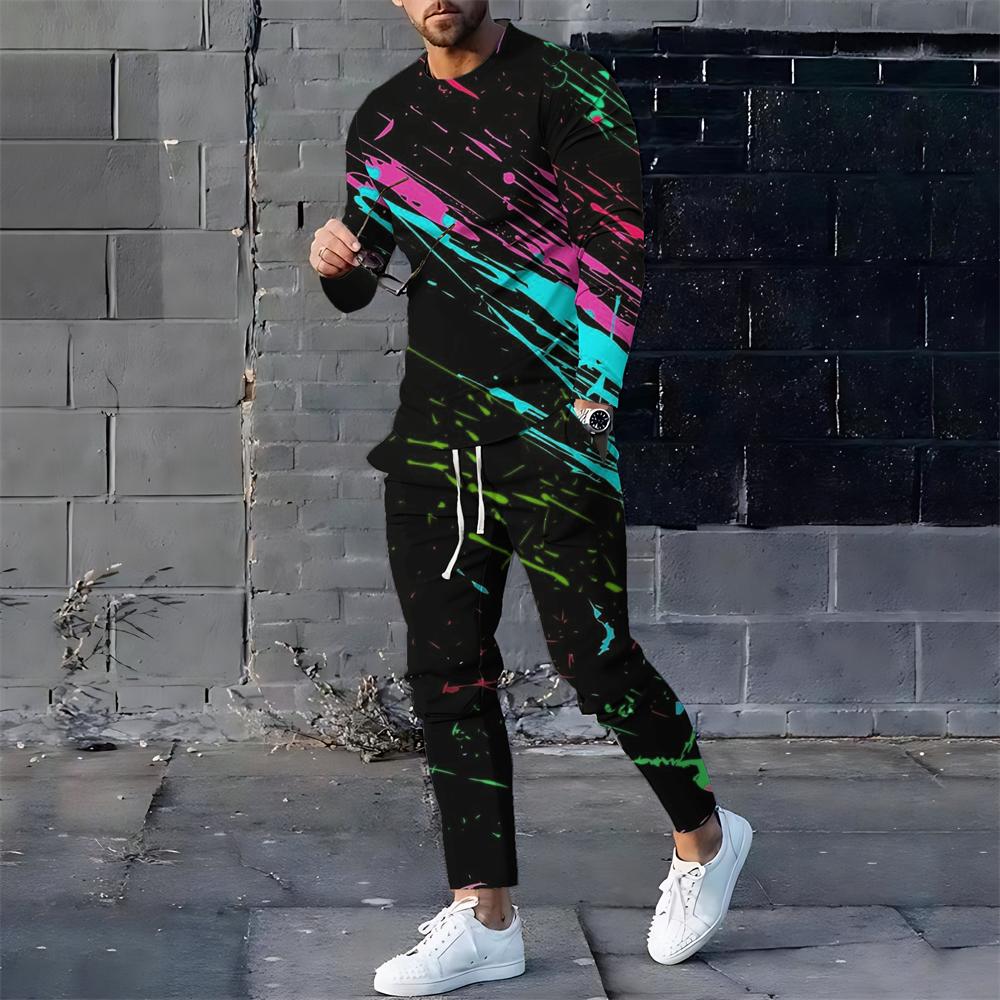 2024 Летний спортивный костюм для мужчин, футболка с длинным рукавом и брюки, мужской уличный костюм, винтажная толстовка большого размера, мужская одежда, комплект из 2 предметов