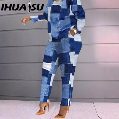 Модный осенне-зимний женский повседневный и удобный комплект с длинными рукавами и длинными брюками с принтом