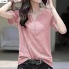 Short-sleeved T-shirt Women's V-neck Loose and Thin 2025 Summer Large Size Solid Color Simple Half-sleeved Top