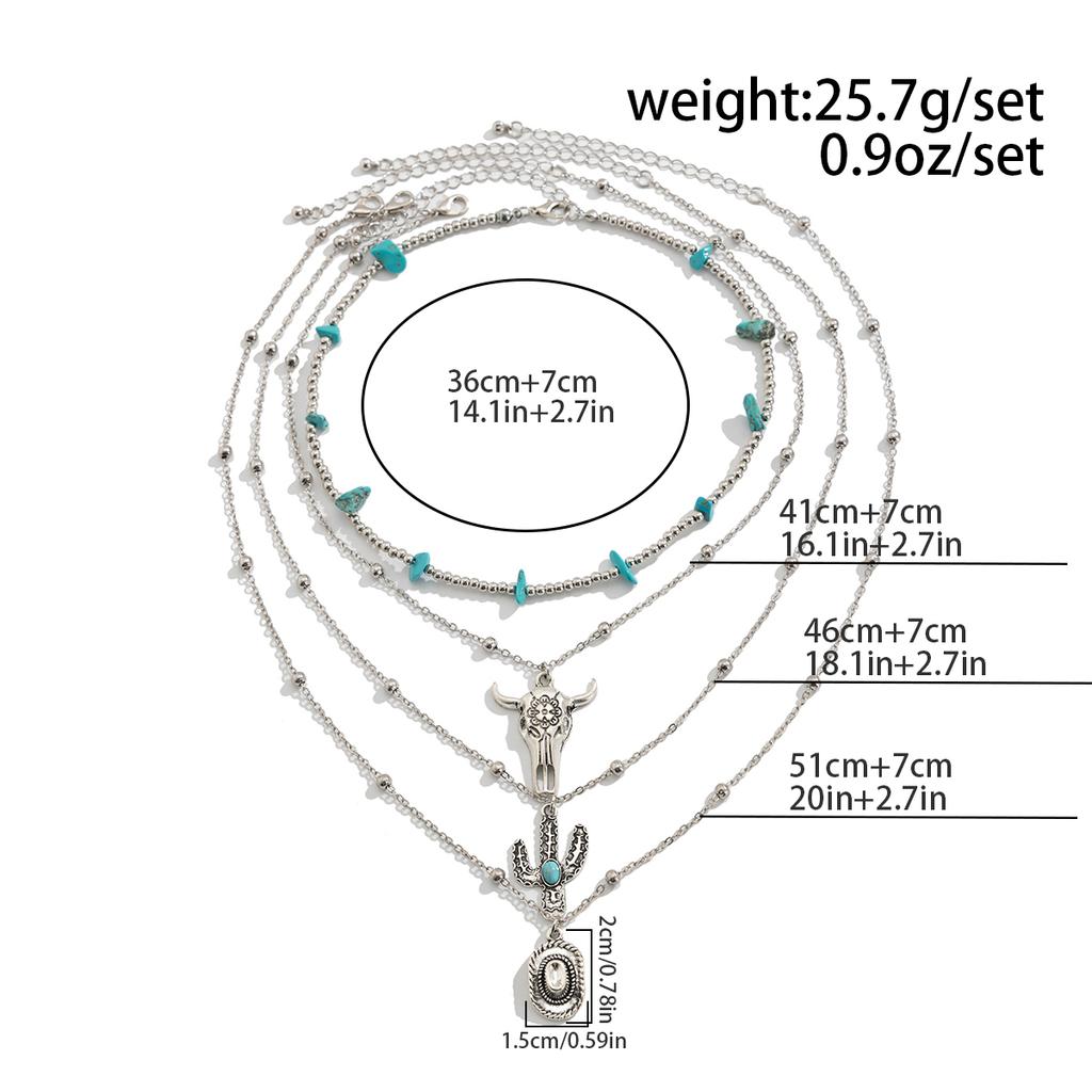 SHIXIN 4Pcs/Set Vintage Cactus Cow Head Cowboy Hat Pendant Necklaces for Women Ethnic Layer Bead Chain Necklace Vacation Jewelry