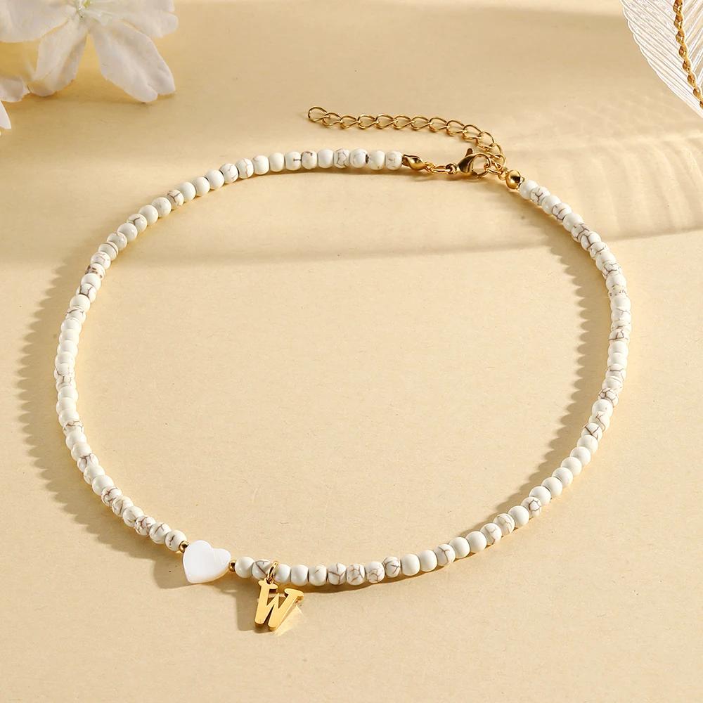 Bohemian Choker Neck Initial Necklaces Heart-shaped Shell Letter Pendant Beads Women's Stainless Steel Necklace Woman Trend2025