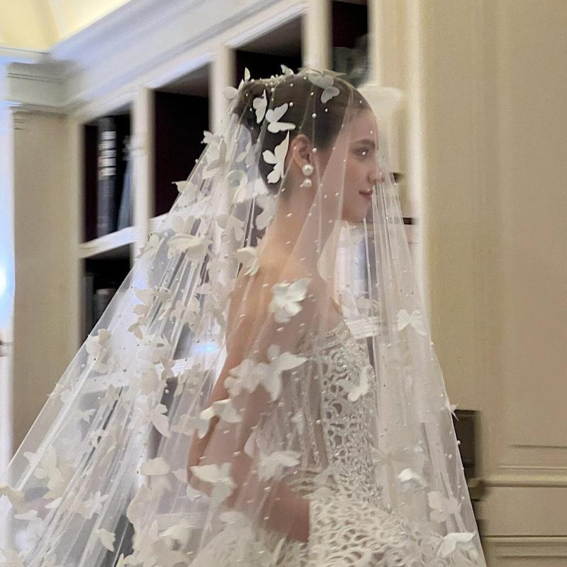 1шт длинный шлейф тяжелый жемчуг невеста роскошный свадебный головной убор свадебная фата 3D вышивка бабочка фата очень длинная