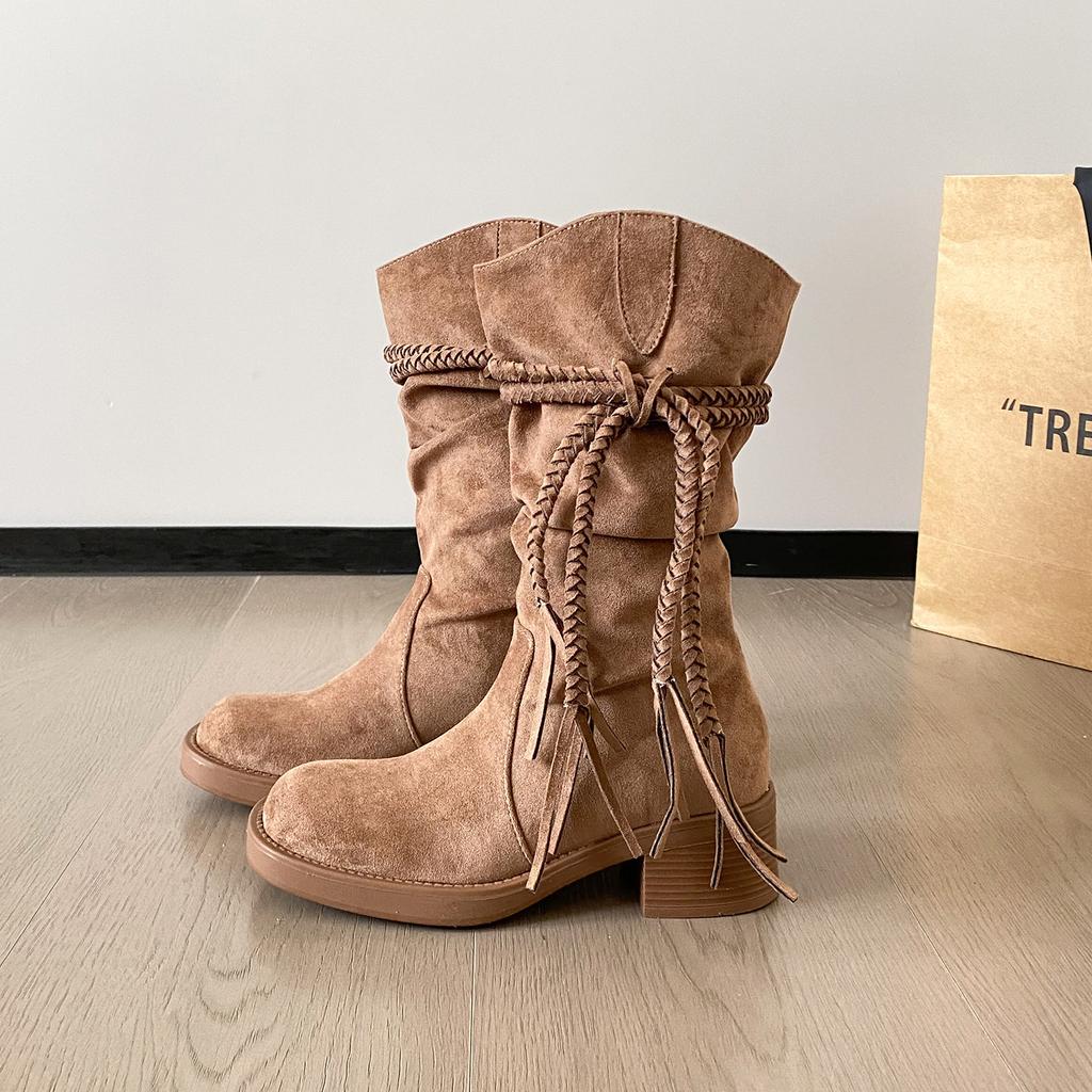 Издание из коровьей кожи~ Плетеные ремешки с бахромой, египетские ботинки на толстой подошве, ковбойские ботинки-рыцари средней высоты голенища, ботинки Мартин на толстом каблуке