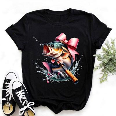 Женская футболка Reel с принтом рыбы, уличная одежда, одежда Харадзюку, модная женская футболка с коротким рукавом, летняя футболка, повседневный женский топ с круглым вырезом