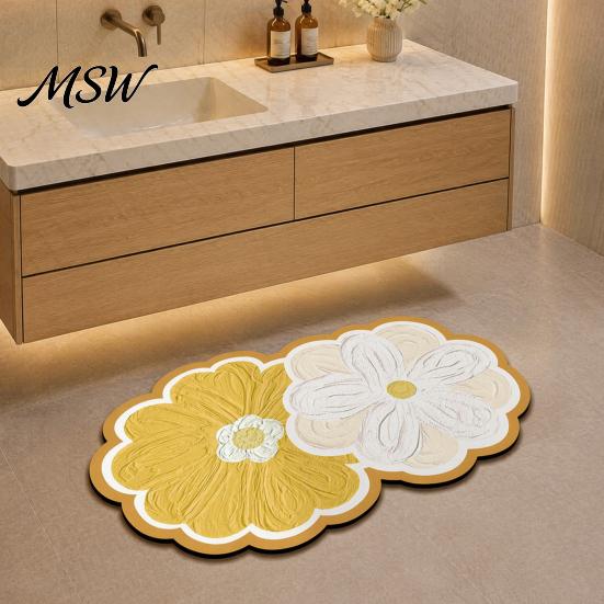 Modern Floral Bath Rug Double Flower Mat, Super Absorbent Diatomaceous Earth Rug, Non-Slip Mat Quick Dry Floor for Home Entrance Bathroom Shower Soft