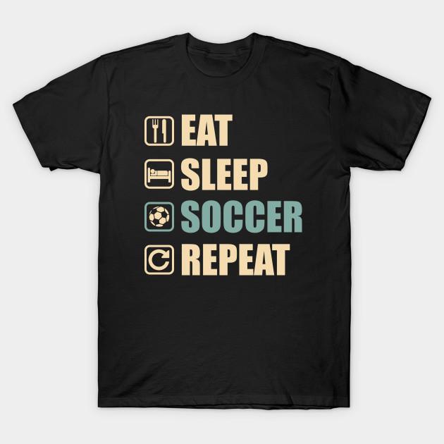 Мужская черная футболка с принтом Eat Sleep Soccer Repeat - Забавный подарок для любителей футбола Печать на трансферной бумаге без вырезания Хлопковая футболка