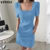 Summer Women Square Collar Short Puff Sleeve Slim Waist Bodycon Mini Office Dress