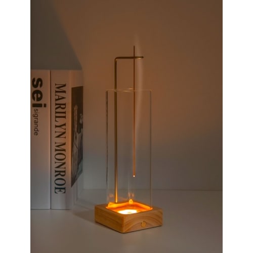 Stylish Glass Incense Holder with a Spill-proof Ash-proof Design, LED Light (3-color Dimmable), Hanging Design, and Natural Wood Base for a Relaxing I
