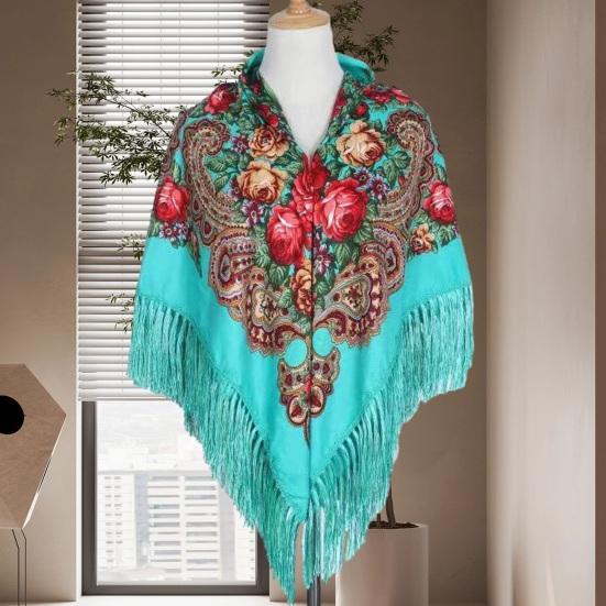 Этнический стиль, ретро-шаль, шарф с кисточкой, цветочным принтом, осень-зима, теплая квадратная повязка на голову с бахромой для свадебной вечеринки
