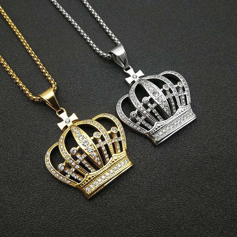 New Men's Hip Hop Gold Silver 316L Stainless Steel Plated Iced Out Crystal King Crown Pendant Necklace Fashion Jewelry Gift