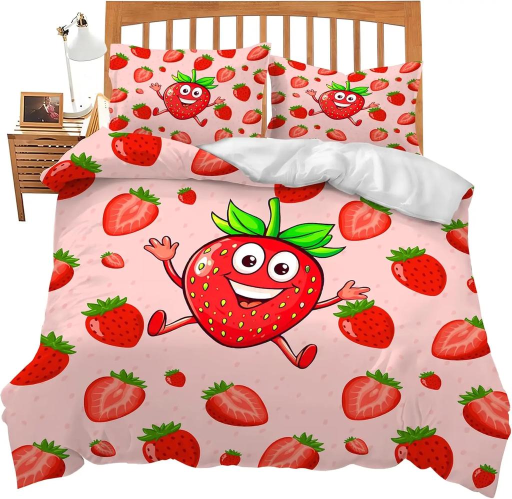 Клубничный комплект пододеяльника размера Queen King для девочек, розовый чехол для одеяла с мультяшными фруктами, постельное белье для девочек-подростков, 3 предмета