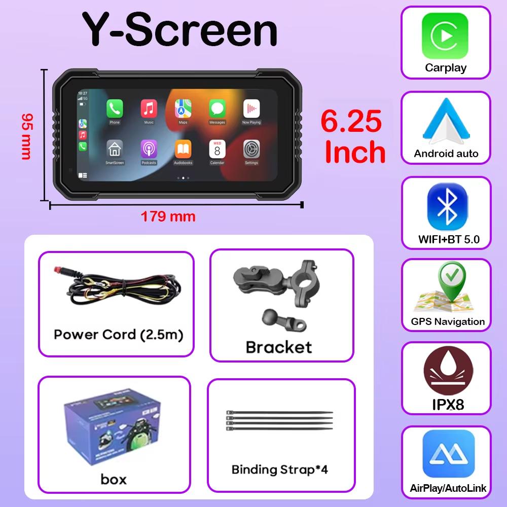 6,25-дюймовый навигационный экран для мотоцикла, беспроводной CarPlay, Android Auto, мотоциклетный GPS, мотоциклетный двойной DVR-монитор, усилитель, TPMS (опционально)