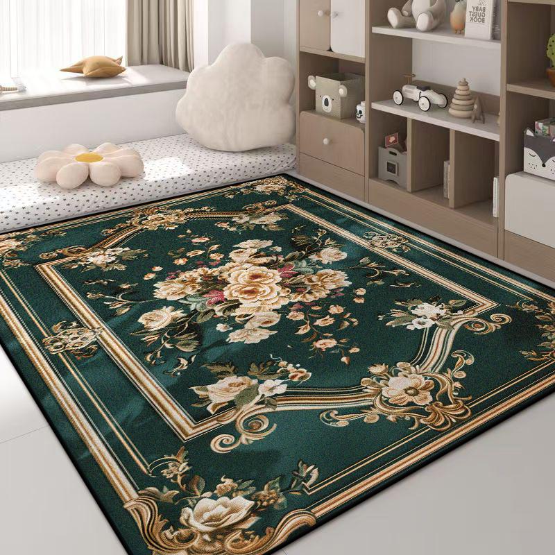 Luxury Green Carpet Flower Design Non-Slip Big Size Living Room Rug Golden Border European Tatami Mat Soft Bedroom Rugs Washable