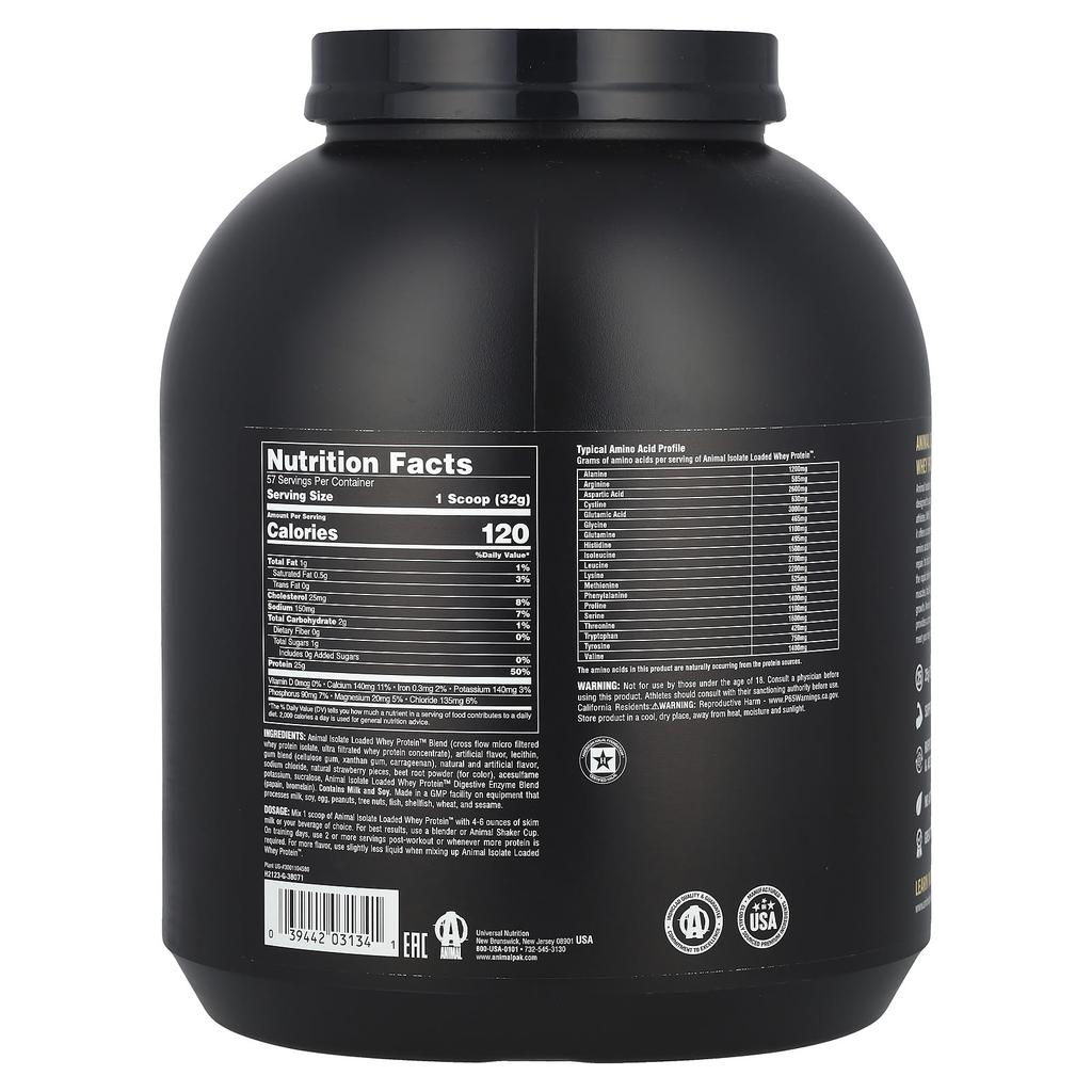 Animal Whey Protein Powder with Isolate, Strawberry Flavor, 4 Lb (1.81 Kg)