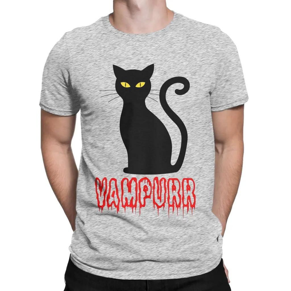 Vampurr Black Cat Halloween Gift T Shirt Men's Cotton Funny T-Shirt Round Collar Vampire Tee Shirt Short Sleeve Tops Gift Idea