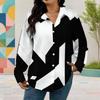 Women Plus Size Collared Long Sleeve Black White Printed Button Front Shirt