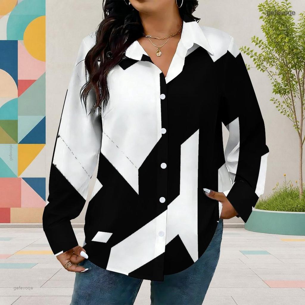 Women Plus Size Collared Long Sleeve Black White Printed Button Front Shirt