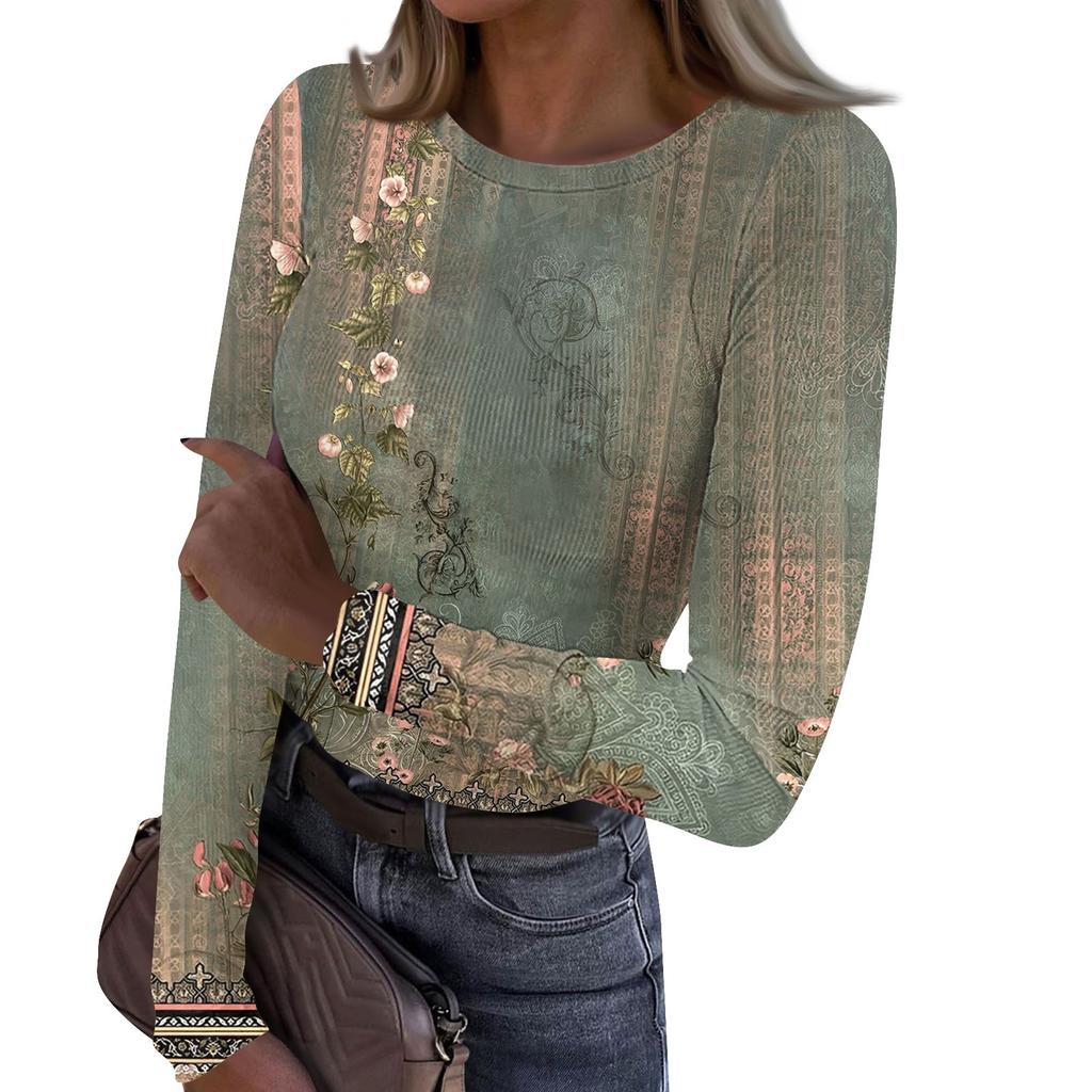 Женская и зимняя футболка с тонким низом, модная повседневная футболка с круглым вырезом и принтом, длинный рукав