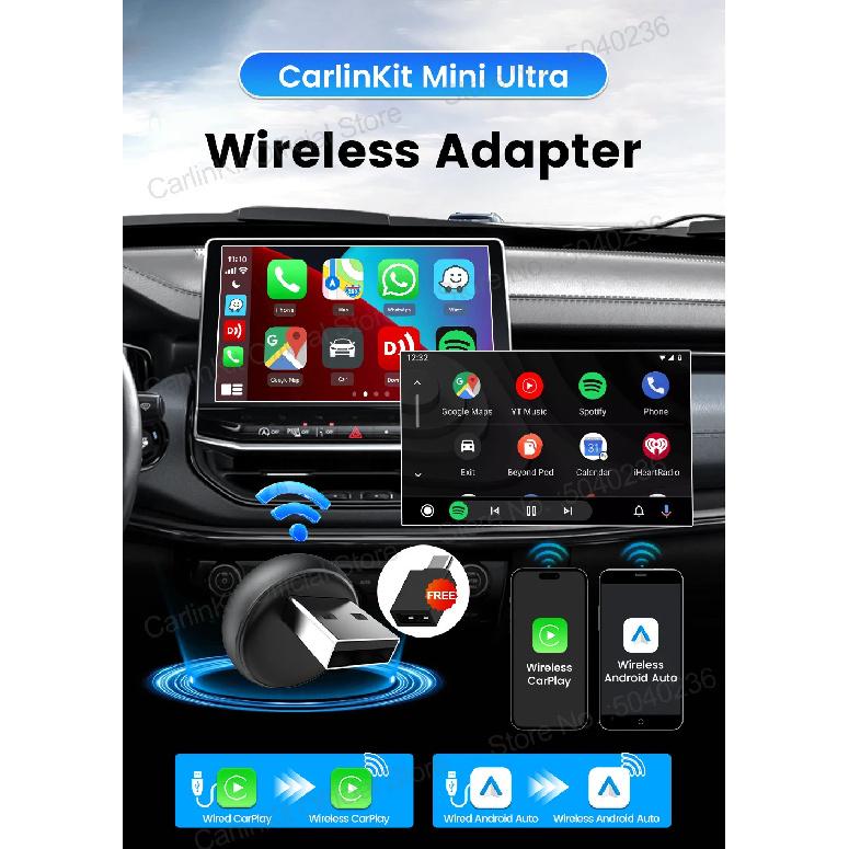 Мини-адаптер CarlinKit Mini Ultra 3 для беспроводного Android Auto и CarPlay, WiFi 2,4 ГГц и 5 ГГц, BLE, Автоматическое подключение, Обновление OTA, Мини-смарт-бокс для автомобиля