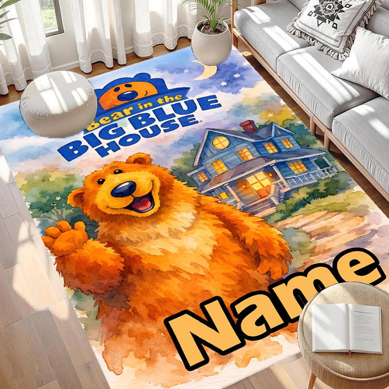 Custom Name Personalized Bear in the Big Blue House Print Carpet, Versatile Home Decor Rug, for Playroom, Apartment, Balcony, Entryway, Hallway Gift